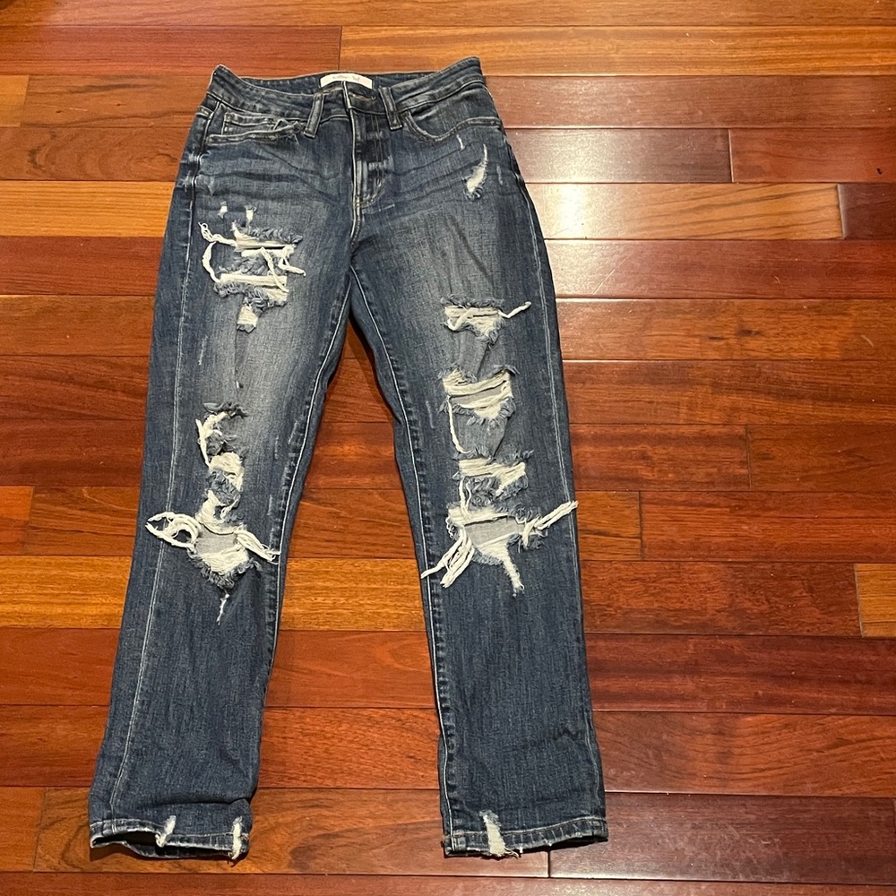 Buckle Women's Distressed Dark Blue Boyfriend Jeans